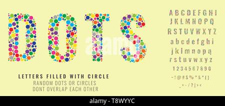 Set of letters made of colored dots or filled with circles. Creative fonts with capital, small letters, numbers and symbols. Vector illustration. Stock Vector