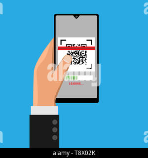 Hand holding smartphone and scanning QR code. illustration.. Stock Photo