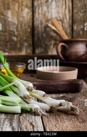 Fresh springtime green onion and garlic on rustic wooden background, plant based food cooking  ingredients Stock Photo