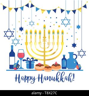 Jewish holiday Hanukkah greeting card traditional Chanukah symbols - wooden dreidels spinning top , Hebrew letters, donuts, menorah candles, oil jar Stock Vector