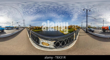 360 degree panoramic view of VITEBSK, BELARUS - OCTOBER 2018: Full spherical 360 degrees angle view panorama old city near steel frame construction of huge bridge across river in