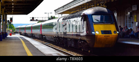 A Class 43 HST Cross Country service arrives at Exeter St Davids Station in Devon. Stock Photo