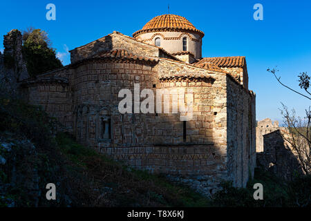 Part of the byzantine archaeological site of Mystras in Peloponnese, Greece. View of the Church of Saint Nikolaos in the middle city of ancient Mystra Stock Photo