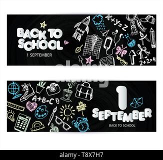 Back to school promo banner design. Vector black chalkboard background color crayons and pencils. Hand drawn doodle sketches with school goods. Stock Vector