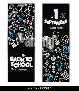 Back to school promo banner design. Vector black chalkboard background color crayons and pencils. Hand drawn doodle sketches with school goods. Stock Vector