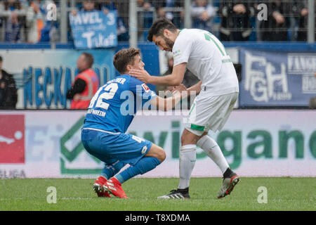 Sinsheim, Deutschland. 11th May, 2019. Nuri SAHIN (HB) (r.) Tries to comfort Christoph BAUMGARTNER (1899) after the final whistle; Consolation, fair play; Winner and defeated; Soccer 1. Bundesliga, Season 2018/2019, 33. matchday, TSG 1899 Hoffenheim (1899) - SV Werder Bremen (HB) 0: 1, on 11/05/2019 in Sinsheim/Germany. DFL regulations prohibit any use of images as image sequences and/or quasi-video | usage worldwide Credit: dpa/Alamy Live News Stock Photo