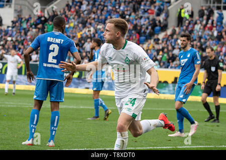 Sinsheim, Deutschland. 11th May, 2019. Johannes EGGESTEIN (HB) (Wed.) Cheers after his goal to a 1-0 winning goal; Soccer 1. Bundesliga, Season 2018/2019, 33. matchday, TSG 1899 Hoffenheim (1899) - SV Werder Bremen (HB) 0: 1, on 11/05/2019 in Sinsheim/Germany. DFL regulations prohibit any use of images as image sequences and/or quasi-video | usage worldwide Credit: dpa/Alamy Live News Stock Photo