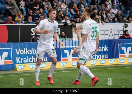 Sinsheim, Deutschland. 11th May, 2019. Johannes EGGESTEIN (HB) (l.) Celebrates after his goal to a 1-0 winning goal together with Maximilian EGGESTEIN (HB); Soccer 1. Bundesliga, Season 2018/2019, 33. matchday, TSG 1899 Hoffenheim (1899) - SV Werder Bremen (HB) 0: 1, on 11/05/2019 in Sinsheim/Germany. DFL regulations prohibit any use of images as image sequences and/or quasi-video | usage worldwide Credit: dpa/Alamy Live News Stock Photo