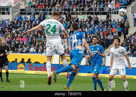 Sinsheim, Deutschland. 11th May, 2019. Johannes EGGESTEIN (HB) (l.) Heads the ball to score a 1-0 winner, winner, goal of the day, past Florian GRILLITSCH (1899) (2.left to right, No. 11); Soccer 1. Bundesliga, Season 2018/2019, 33. matchday, TSG 1899 Hoffenheim (1899) - SV Werder Bremen (HB) 0: 1, on 11/05/2019 in Sinsheim/Germany. DFL regulations prohibit any use of images as image sequences and/or quasi-video | usage worldwide Credit: dpa/Alamy Live News Stock Photo