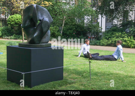 London, UK. 15th May, 2019. Henry Moore, Working Model for Locking Piece (1962, estimate: £600,000-800,000) - Christie's Sculpture in the Square, on view to the public from 15 May to 17 June 2019. The exhibition displays works that will be offered in the Modern British Art Evening Sale on 17 June 2019. Credit: amer ghazzal/Alamy Live News Stock Photo