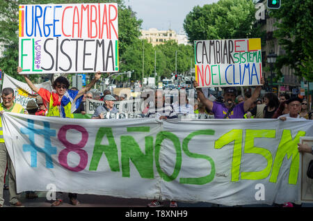 Madrid, Spain. 15th May, 2019. A march celebrating the 8th anniversary of 15M took place through the main streets of the city center. Credit: Lora Grigorova/Alamy Live News Stock Photo