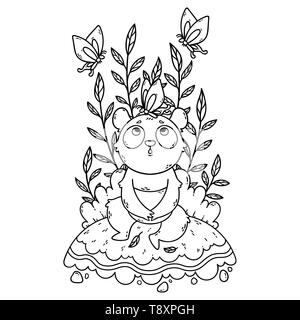 Cute little panda bear sitting in a meadow and butterflies are flying around. Cute illustration for coloring book. Stock Photo