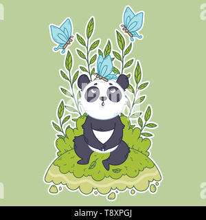 Cute little panda bear sitting in a meadow and blue butterflies are flying around. Cute illustration for children. Iillustration for posters, cards, t Stock Photo