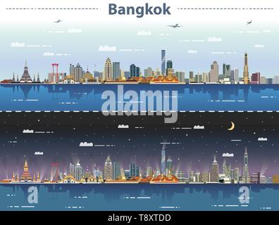 Bangkok city skyline at day and night vector illustration Stock Vector