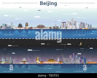 Beijing city skyline at day and night vector illustration Stock Vector