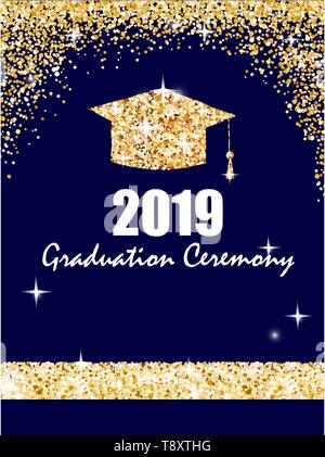 Graduation ceremony banner with golden graduate cap, glitter dots on a dark blue background. Congratulation graduates 2019 class of. Vector Stock Vector