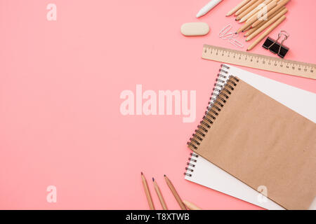 Colorful school supplies on pastel pink background. Top view, flat lay. Space for text. Stock Photo