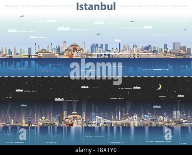 Istanbul city skyline at day and night vector illustration Stock Vector