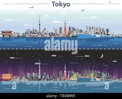 Tokyo city skyline at day and night vector illustration Stock Vector