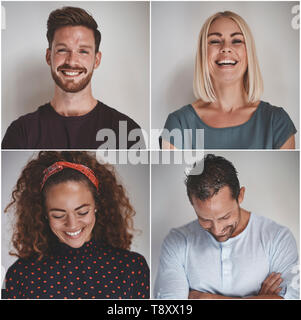 Collage of a laughing group of diverse young entrepreneurs standing against a gray background Stock Photo