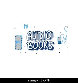 Audiobooks concept in flat style. Set of audio book symbols with lettering isolated on white background. Vector color illustration. Stock Vector