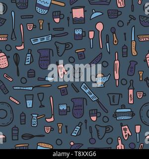 Seamless pattern of  kitchen equipments in doodle style. Vector endless background of  dishes and cooking tools objects. Stock Vector