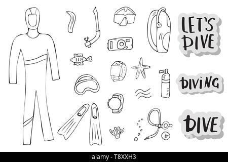 Scuba diving set of elements, lettering and equipment in doodle style. Underwater activity symbols and accessories. Diver wetsuit,  mask, aqualung and Stock Vector
