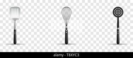 Vector set of 3d realistic kitchen utensils. Skimmer, whisk, spatula on transparent background. Stock Vector