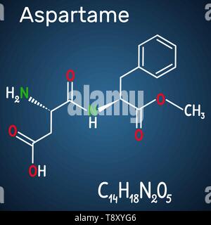 Aspartame, APM, molecule. Sugar substitute and E951. Structural chemical formula and molecule model on the dark blue background. Vector illustration Stock Vector
