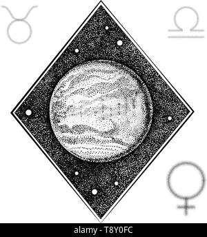 Venus. Hand drawn illustration in dotwork style with astrological symbols of the planet and Taurus and Libra zodiac signs. Space concept, astrology, a Stock Vector