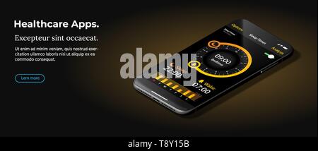Modern Black Smart Phone Lies on a Smooth Dark Brown Surface. Stock Vector