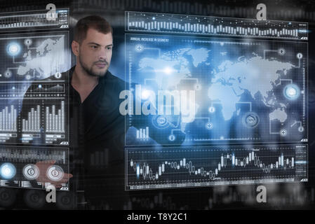 Businessman works with virtual holographic interface. Future technology concept Stock Photo