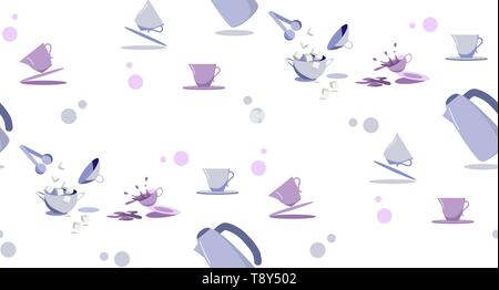 Seamless pattern with tea coffee setting in pastel colors. Dishes. Background for menu, wrapping paper. Vector illustration. Stock Vector