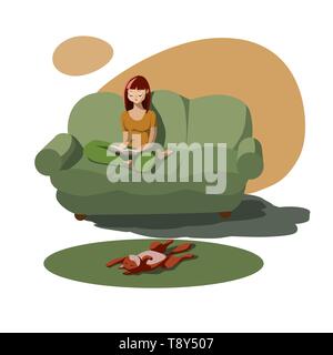 Cute girl reading a book on the couch. A cat in a funny pose is sleeping on a rug. Cartoon character in a flat style. Vector illustration Stock Vector