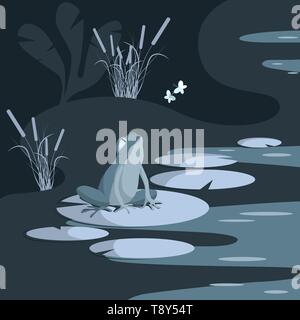 A sad frog on a water lily watches the play in the air of happy butterflies. The swamp is lit by moonlight. Vector illustration Stock Vector