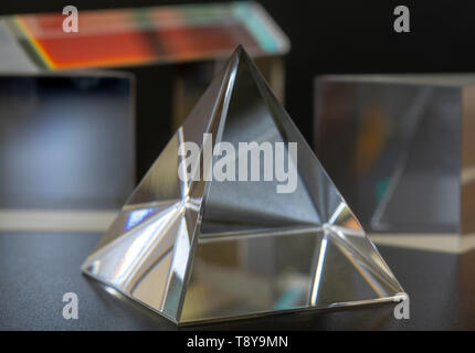 Sample of optical glass cube,  pyramid and prism Stock Photo