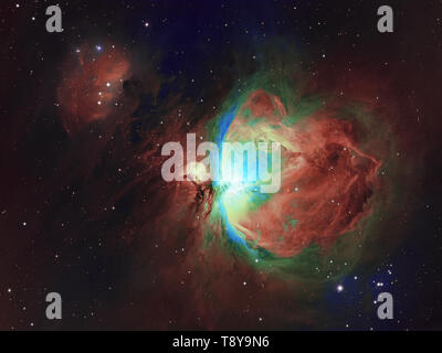 Deep space objects Orion and Running Man Nebula in the constellation Orion, photo in the Hubble Space Telescope color pallette. This picture is narrow Stock Photo