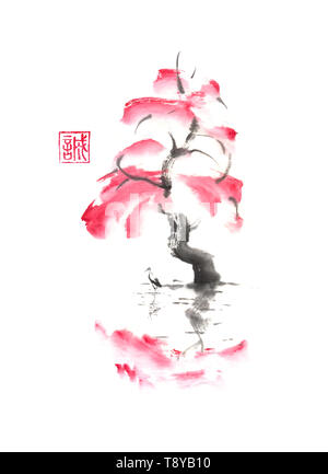 Autumn tree and stork over water Japanese style original sumi-e ink painting. Hieroglyph featured means sincerity. Great wall art, greeting cards, or  Stock Photo