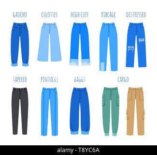 Trendy women jeans style collection. Vector flat illustration of modern denim pants for fashionable girl. Blue trousers isolated on white. Infographic Stock Vector