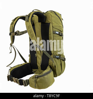 green hiking backpack for hunters camouflage with side pockets on a white background, Stock Photo