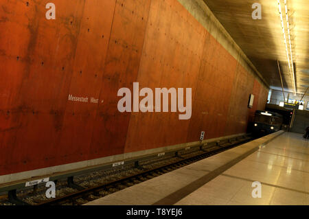 Subway arriving at subway station Messestadt West  in Munich, Germany Stock Photo