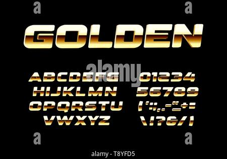 Bright Golden letters and numbers set. Bold gold and polished bronse style vector latin alphabet. Fonts for events, promotions, logos, banner Stock Vector