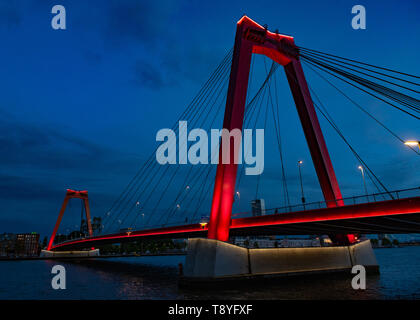 Willemsbrug bridge Rotterdam - cable-stayed bridge by C. Veerling - red bridge Rotterdam over the Nieuwe Maas river Stock Photo