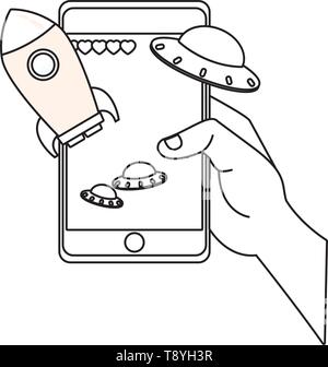 Smartphone videogames app cartoons in black and white Stock Vector