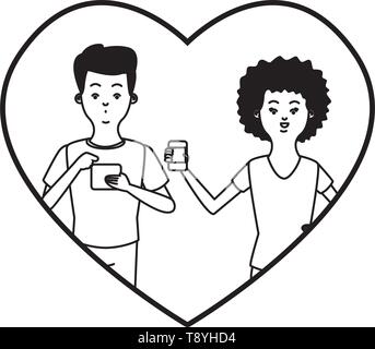 Millennial couple in heart frame cartoon in black and white Stock Vector