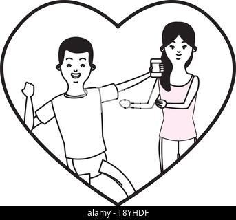 Millennial couple in heart frame cartoon in black and white Stock Vector