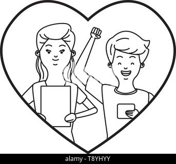 Millennial couple in heart frame cartoon in black and white Stock Vector