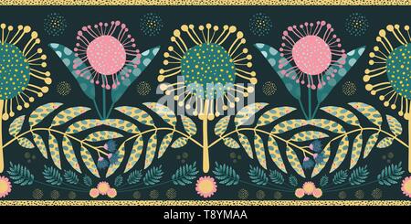 Bohemian style border with pink and teal flowers and leaves. Seamless geometric vector design with gold edging on black background. Perfect for Stock Vector
