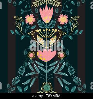 Bohemian style pink, gold flowers and teal leaves. Paper cut out effect on leaves. Seamless vector pattern on subtly striped black background. Great Stock Vector