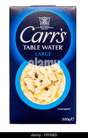 Packet of large Carr's table water biscuits shot from above and cut out or isolated on a white background, UK. Stock Photo